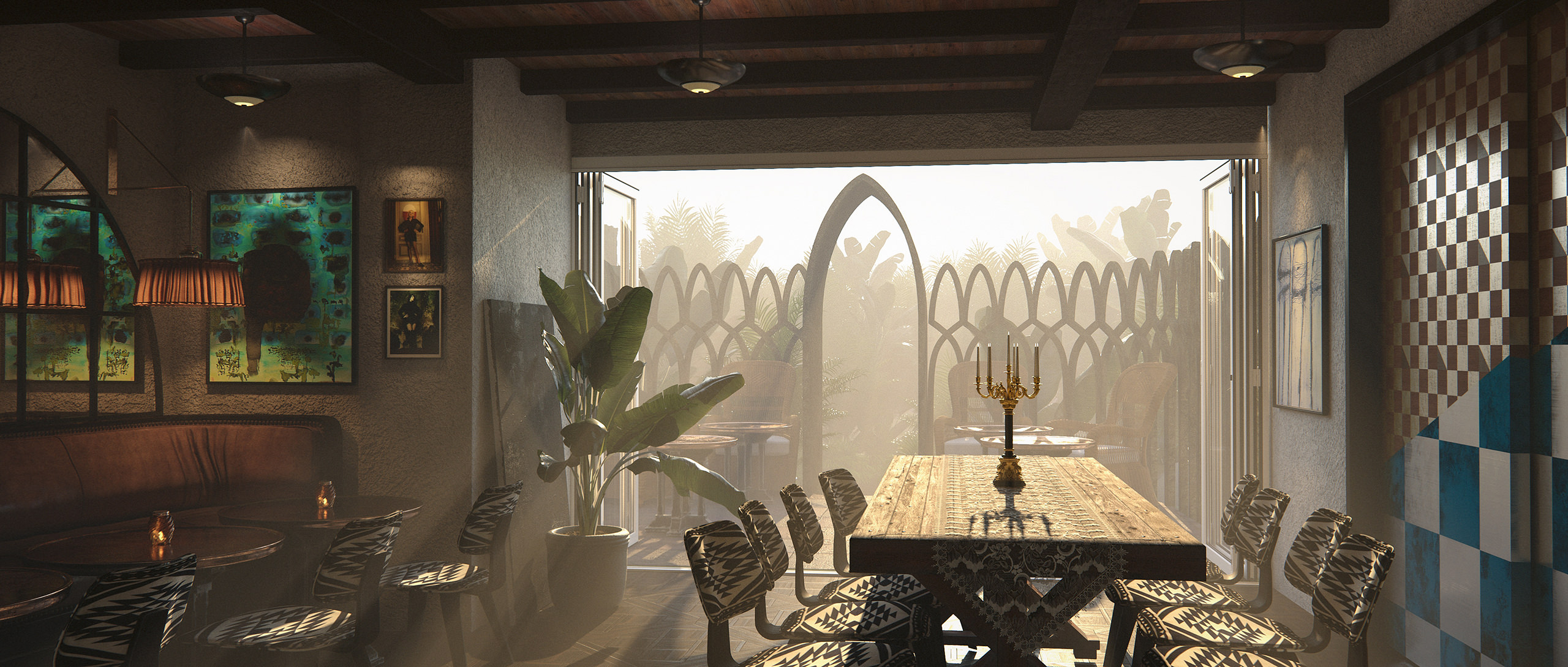 3D interior restaurant terrace visualization bathed in sunlight