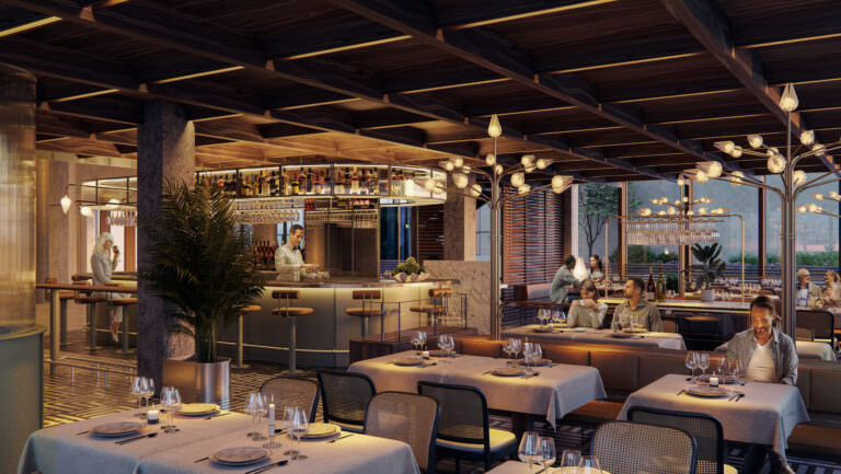 3D restaurant visualization with a terrace overlook, designer lighting pieces and fancy waiters