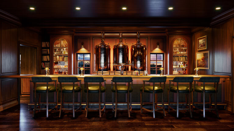 3D Interior visualization of an old-fashioned coubreyclub bar