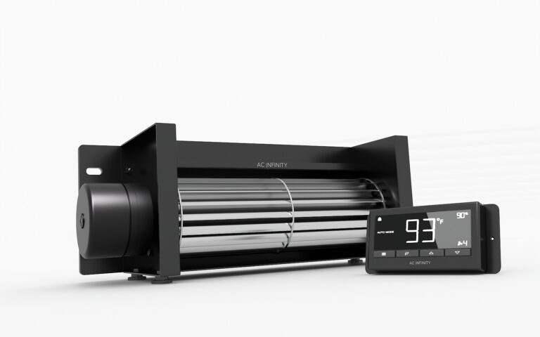 Rendering of a black fireplace blower with remote control on white background