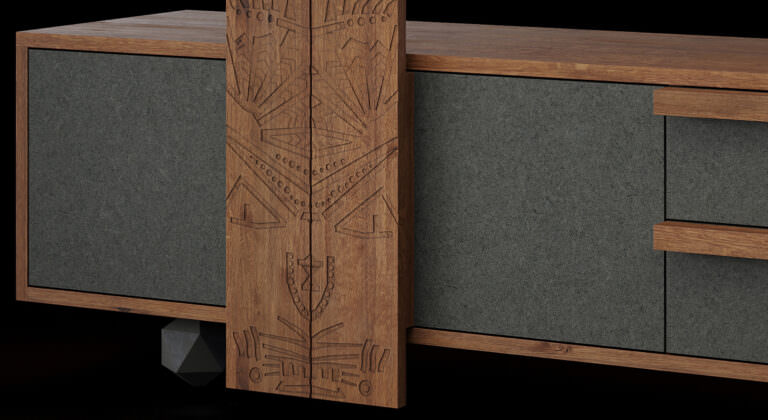 3D product visualization closeup of commode with African tribal motives trim and carved wooden facade