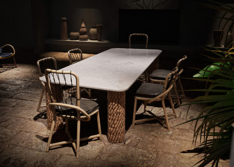 3D product rendering of a dining table surrounded by chairs with woven carcasses standing on a rough terracotta ceramic floor in an oriental style room