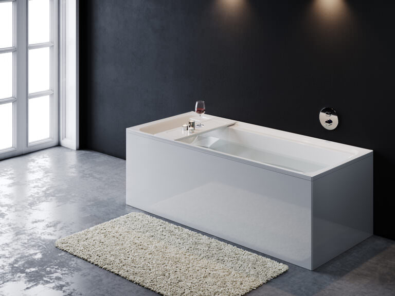 Realistic 3D rendering of a rectangular bath with a wine glass, candles and terry rug on gray concrete floor