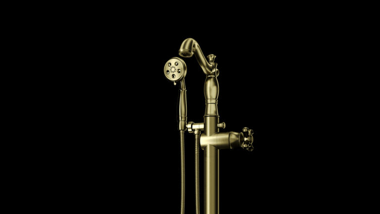 Product rendering of vintage brass faucets on dark black background
