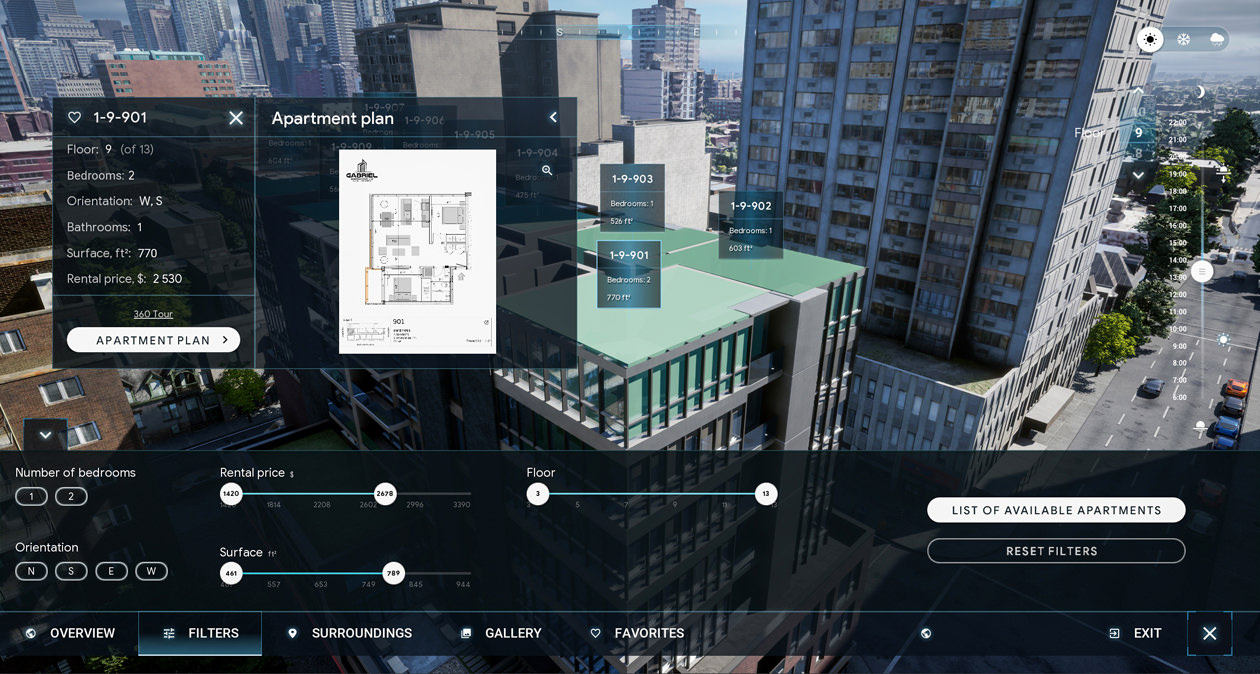 Apartment card and filter options of L-ROOM interface