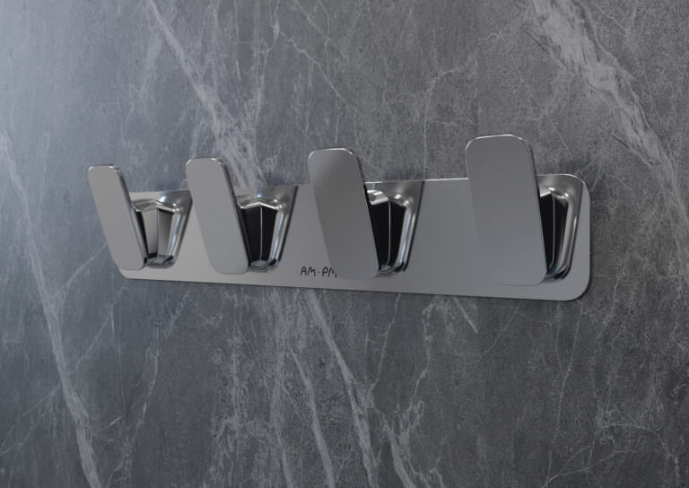 3D product visualization of bathroom towel hangers fixed to a gray spotted marble wall