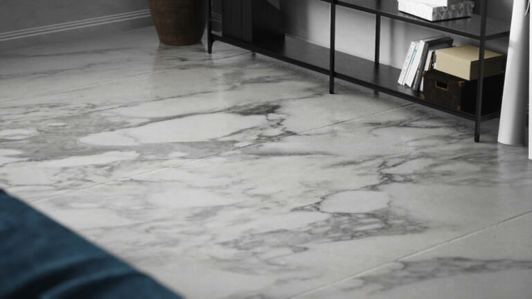 3D product rendering of a black-and-white marble flooring with a bookshelf in the background