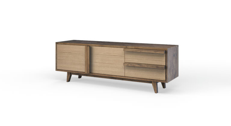 3D product rendering of a light-colored wooden chest of draweers with contrast edging on white background