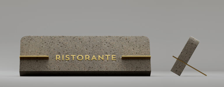 3D product rendering of a marble restauramt plaque with golden letters