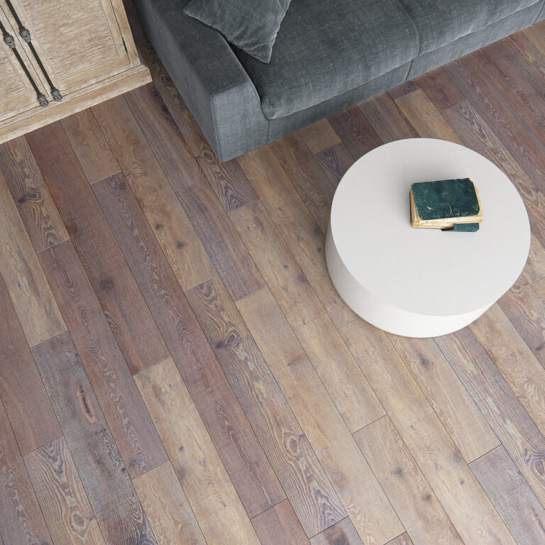 3D product visualization of a milky oak parquette with a round coffee table, gray sofa and dressing table top view