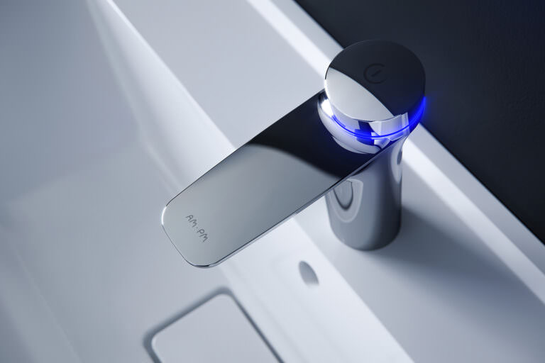 Modern smart tap with a blue uplight and in-built sensors 3D render