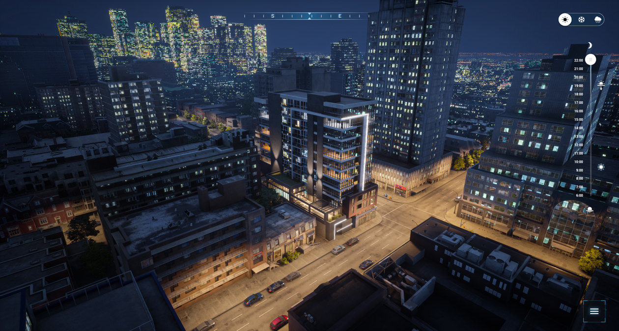 view of the residential complex at night with city street illumination