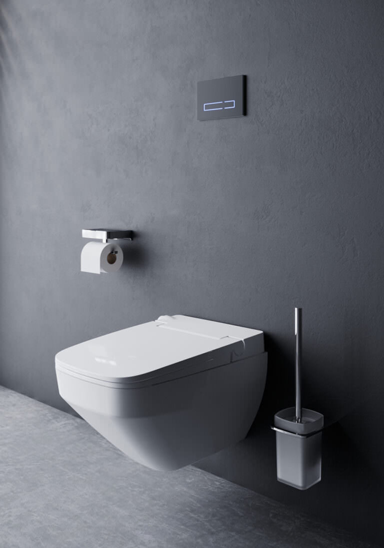3D product rendering of a hi-tech toilet and its accesories on dark grey concreate wall