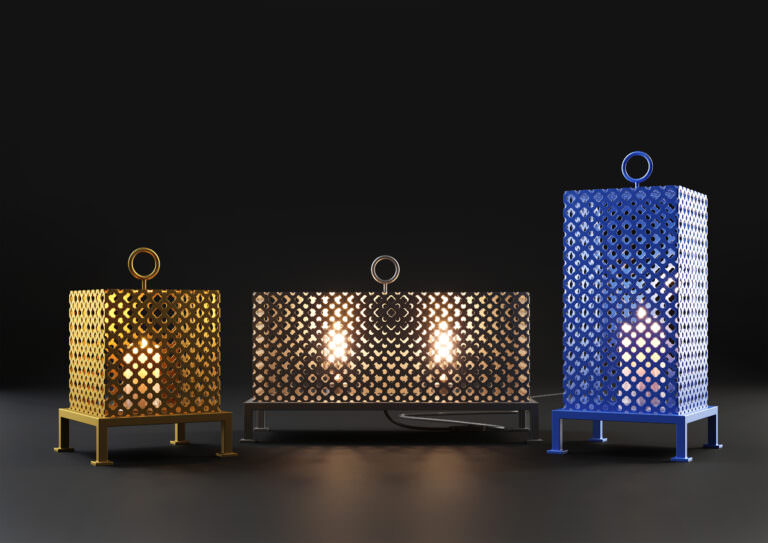 3D product rendering of a series of lamps in ribbed colorful cases
