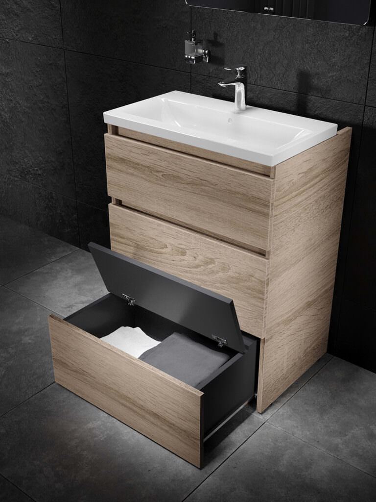 3D product rendering of wooden bathroom cabinet with sink top on grey marble floor