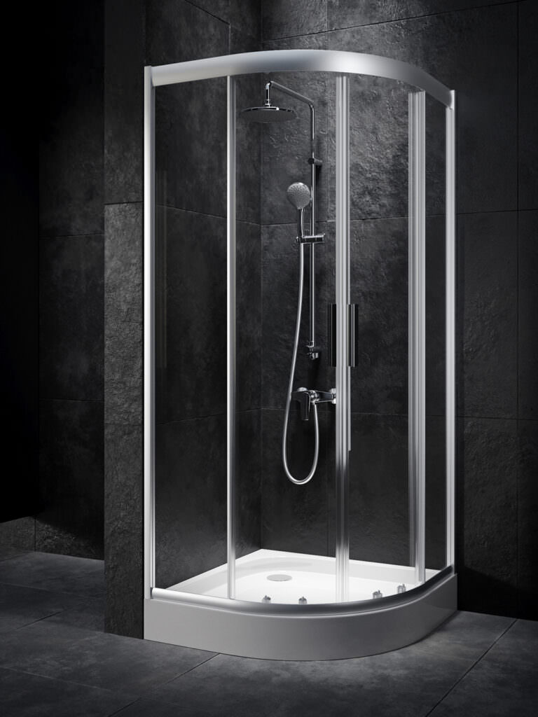 Photo realistic product visualization of shower booth with glass doors on black tile floor and wall in the corner