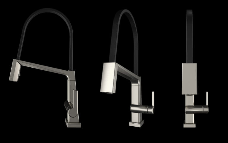 Product rendering of a modern hi-tech silver faucet in three angles on a black background
