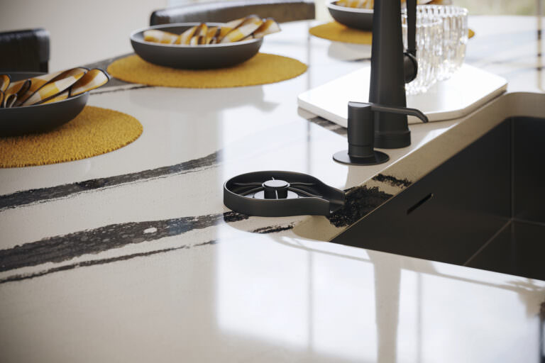 3D product rendering closeup on the sink accessories on a marble kitchen table decorated with plates and napkins