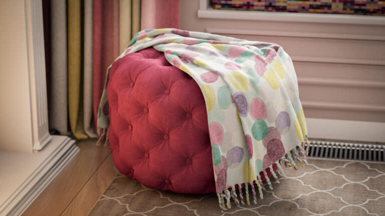 Rendering of a pink stitched pouffe on a wooden parquet floor with a colorful scarf in the corner