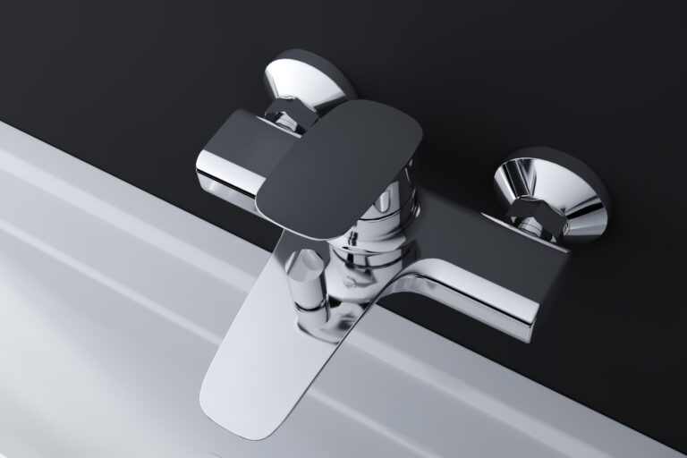 3D visualization from above of a single-lever bath and shower mixer attached to a dark wall