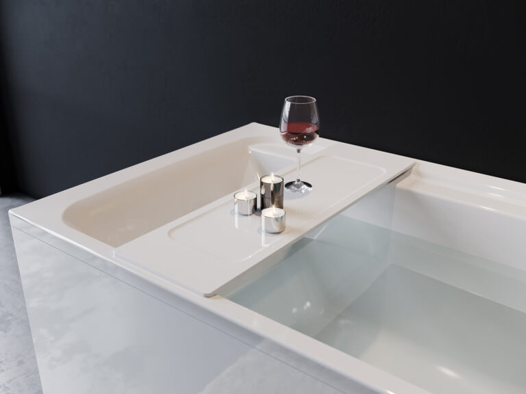 3D visualization closeup on the bath romantic accesories - burning candles and glass of red wine