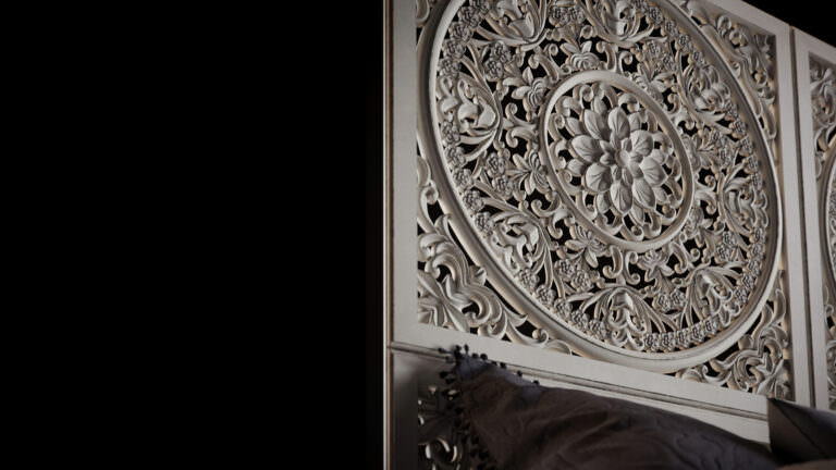 Visualization closeup of wooden carved bedhead on dark black background