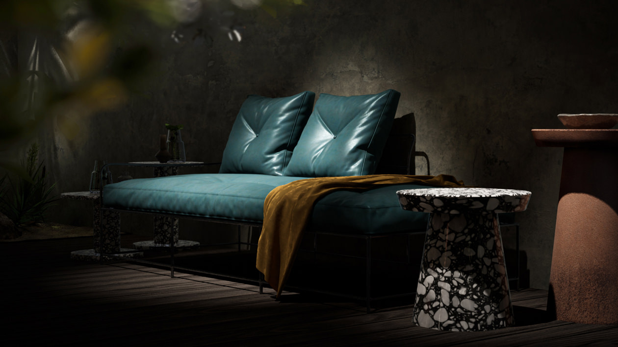 Baxter furniture virtual showroom with blue leather sofa and top lighting