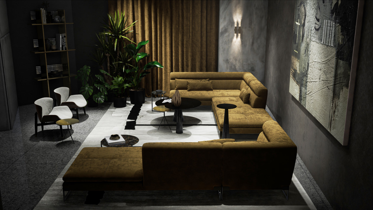 Screenshot of 3D furniture configuration software with Baxter big brown sofa and stylish armchairs in dark apartment interior