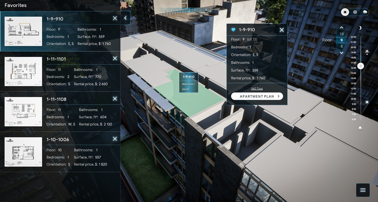 List of apartments connected with real estate CRM system, L-TOUCH presentation software interface