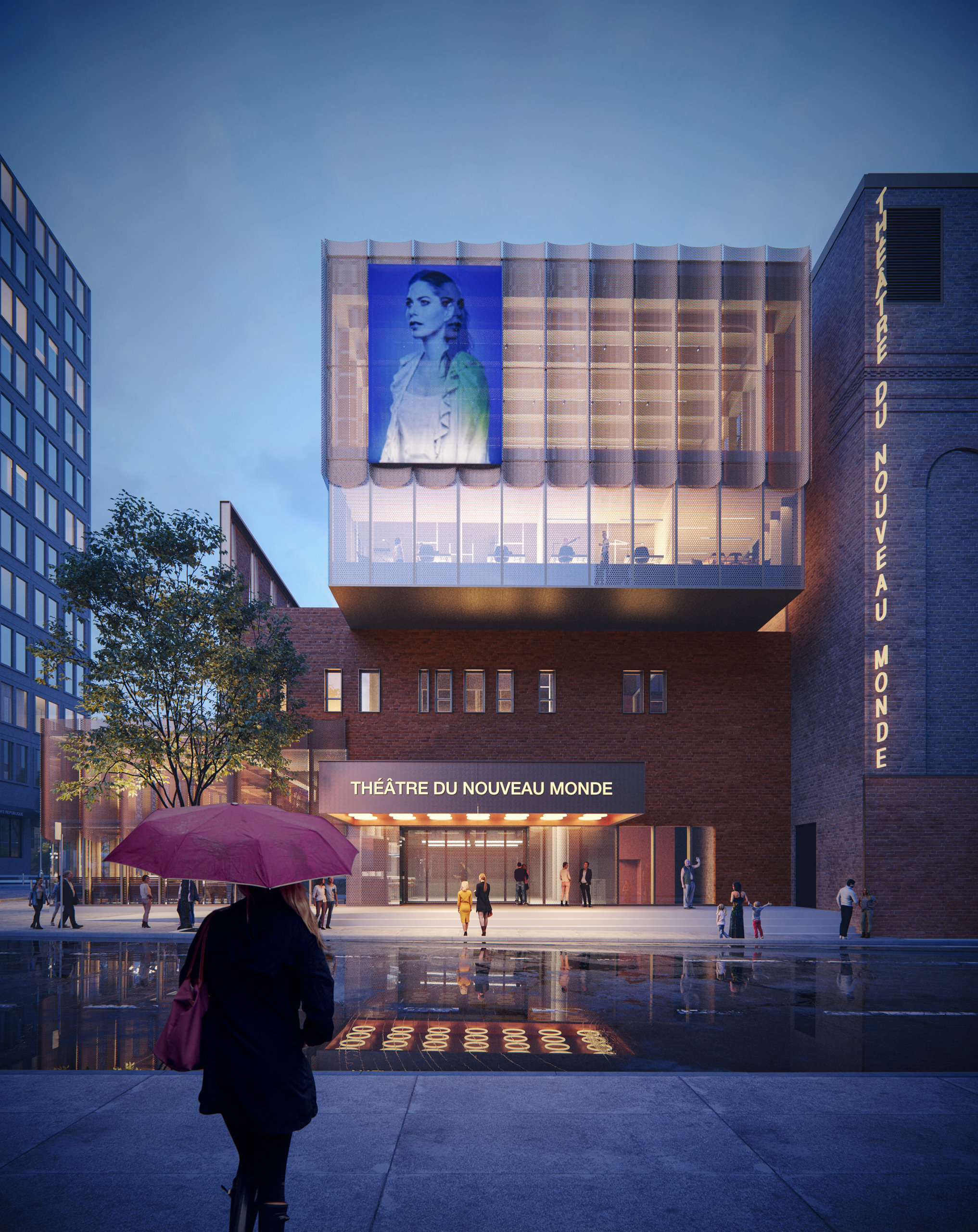 Rainy 3D architectural rendering of the theatre building with people rushing in to see the new play