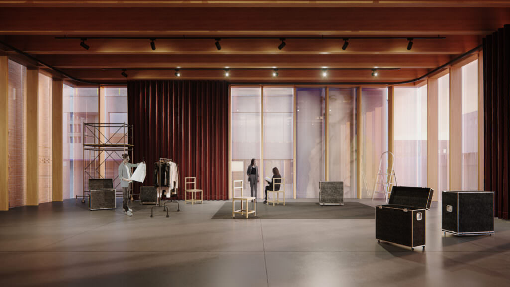 3D interior rendering of a theatre rehearsal room with a reading going on and a costume designer picking out outfits for the play