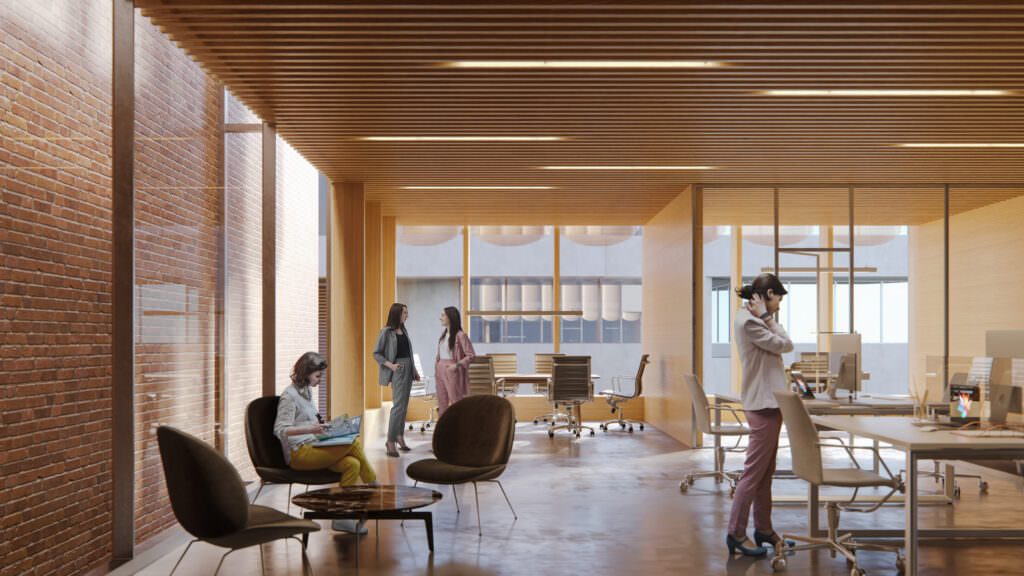3D interior visualization of office space with dedicated workspaces, floor-to-ceiling windows, and a conference room in the background
