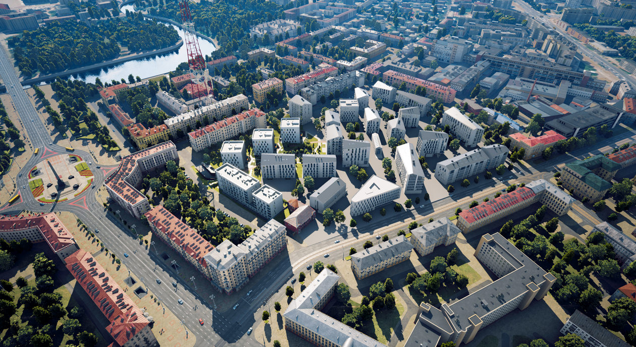 the area of the Depo complex with a bird's eye view of the city of Minsk
