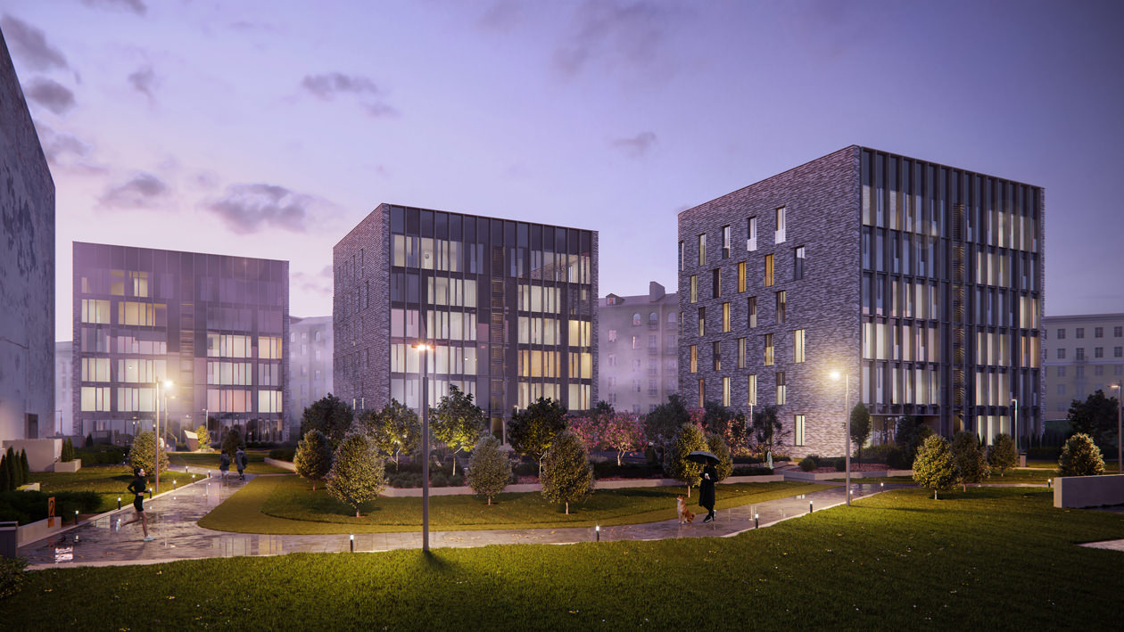 Urban complex in dusk and rain