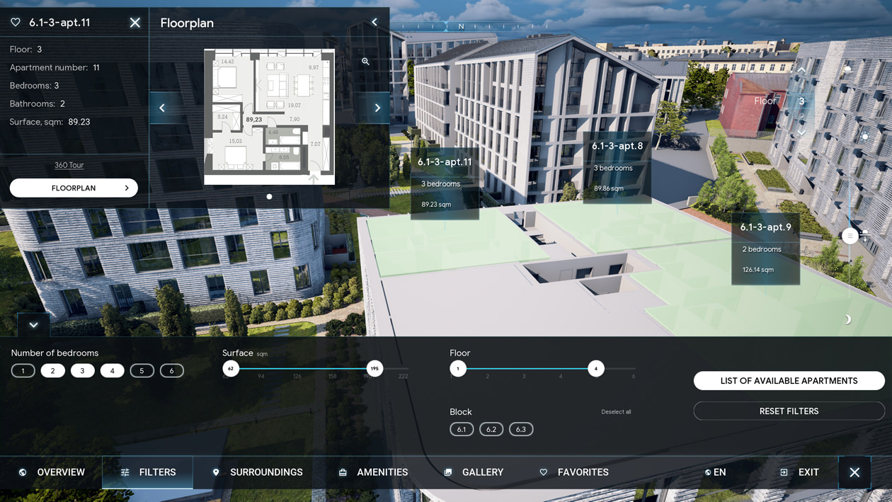 program interface on the screen with apartment selection filters