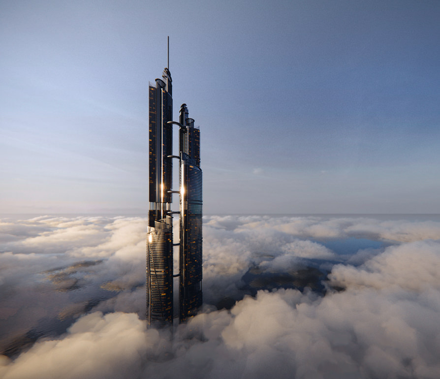 Our studio offers photo real animated video production services. Steel and glass concept construction of the world tallest skyscraper building that might be built in Dubai, Hong Kong, London, New York, Tokyo or Beijing