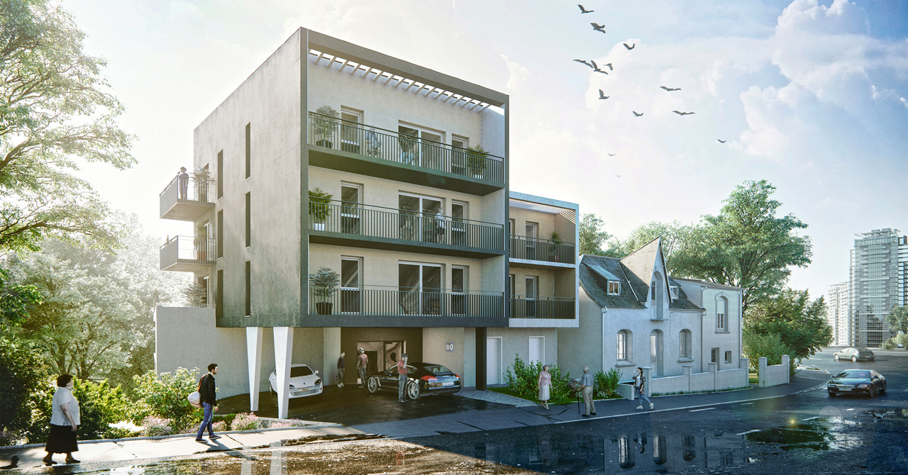 3D still image from architectural visualization portfolio of Lunas rendering studio: a four-story residential building inscribed in the urban environment with a green park, a driveway and a footpath