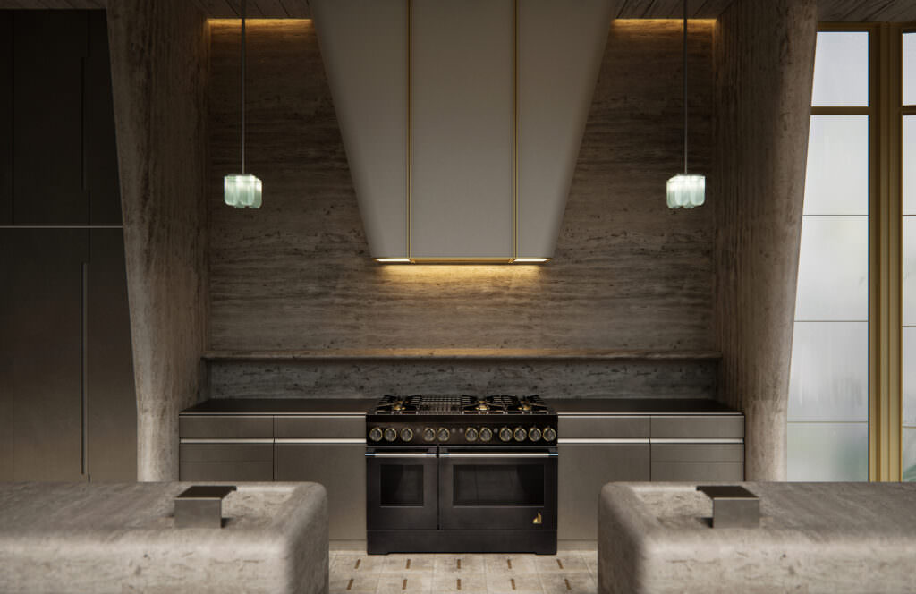 3D interior rendering of a kitchen with sand stone slabs, smoked brass appliances and an off-white ventilation hood