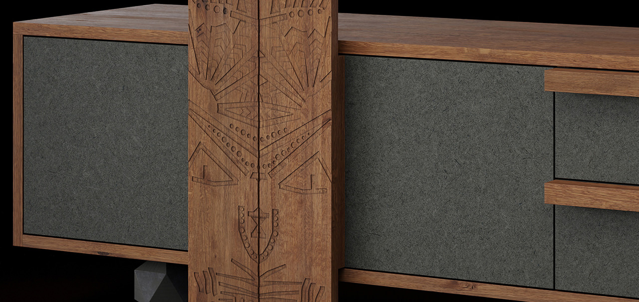 Computer generated still image from 3D product rendering portfolio of Lunas company: mahogany wooden chest of drawers with a carved facade on a black background with high detail and surface texture 