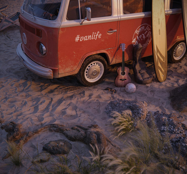 Contextual product visualization sample image - 3D render of Volkswagen van with surfing board, guitar and a ball on the sandy beach at sunset