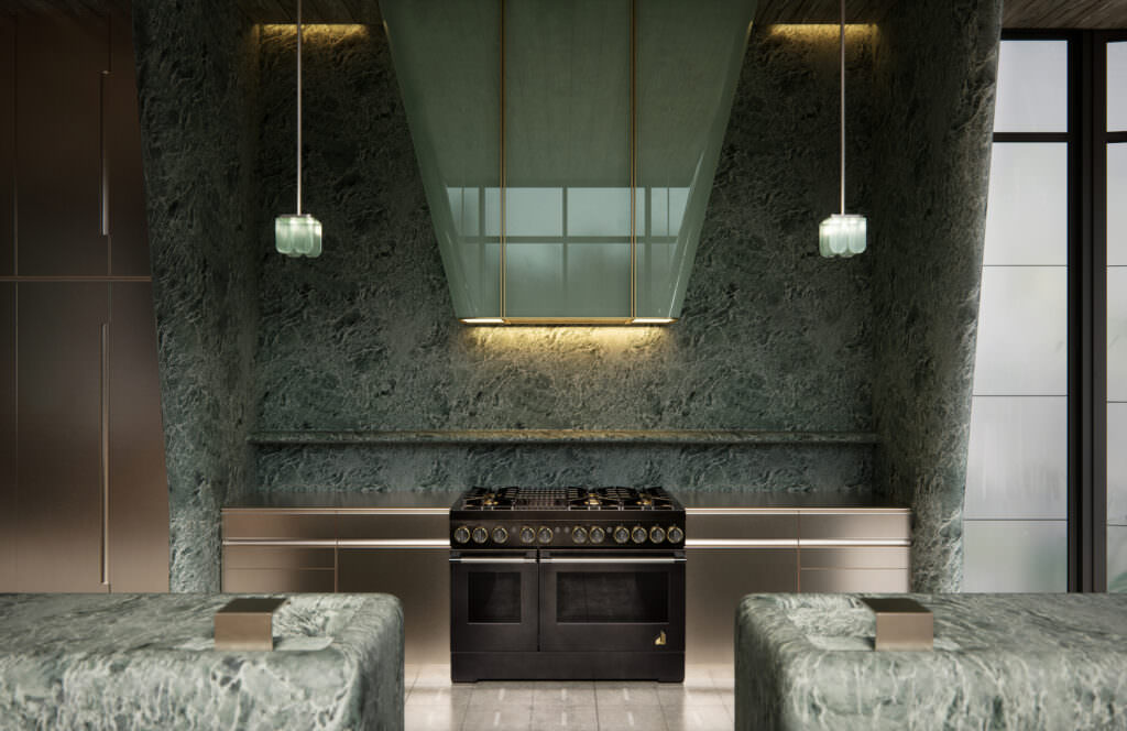Front view of a rendered kitchen interior with a brass range and cabinets, stone backsplash to the center and kitchen islands in matching green hues to the sides