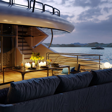 Accompany realistic boat and yacht 3D renders with still interior images of a deck, cabin or cabins