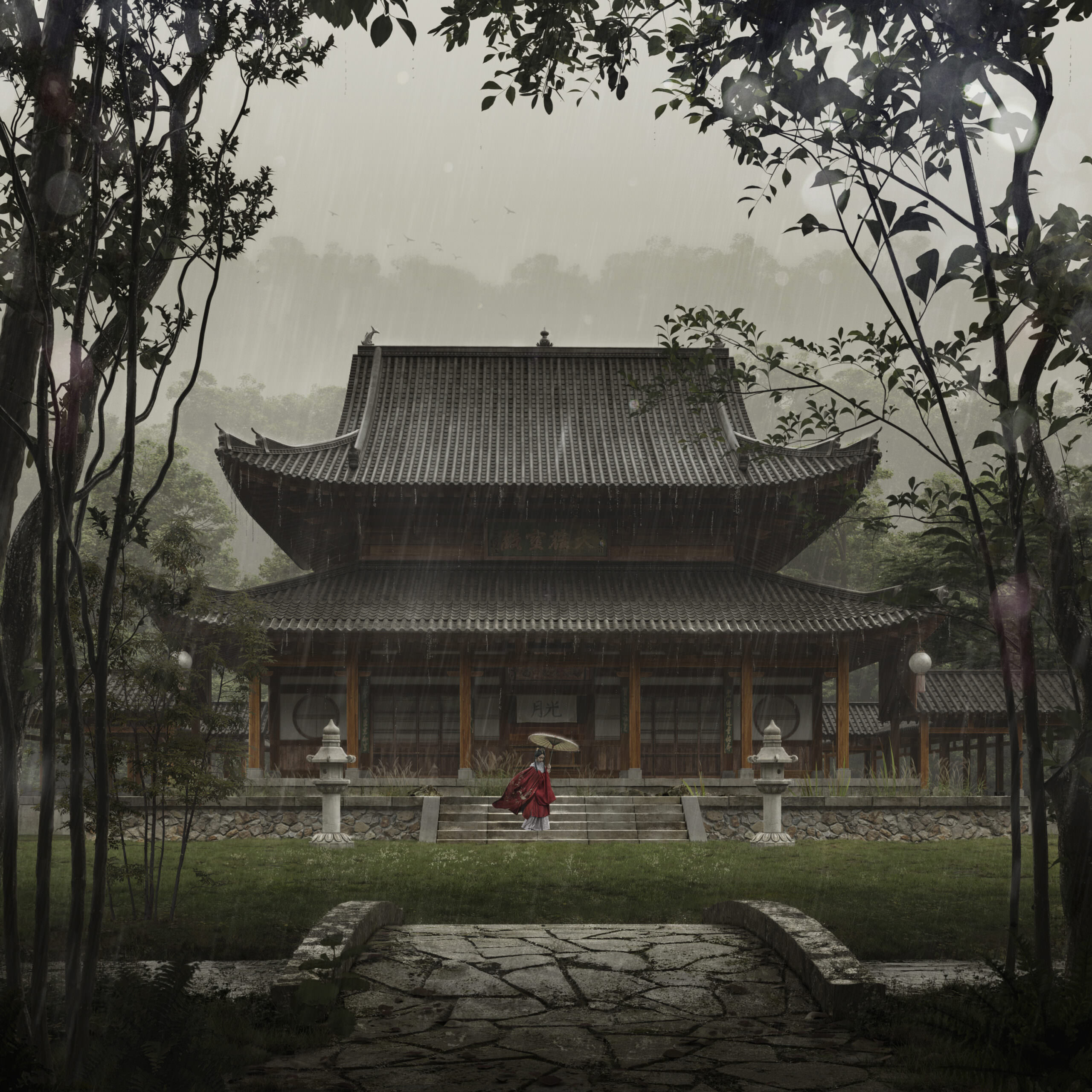 3D rendering of traditional architecture of the Chinese pagoda in a rainy forest with a silhouette of a geisha holding an umbrella