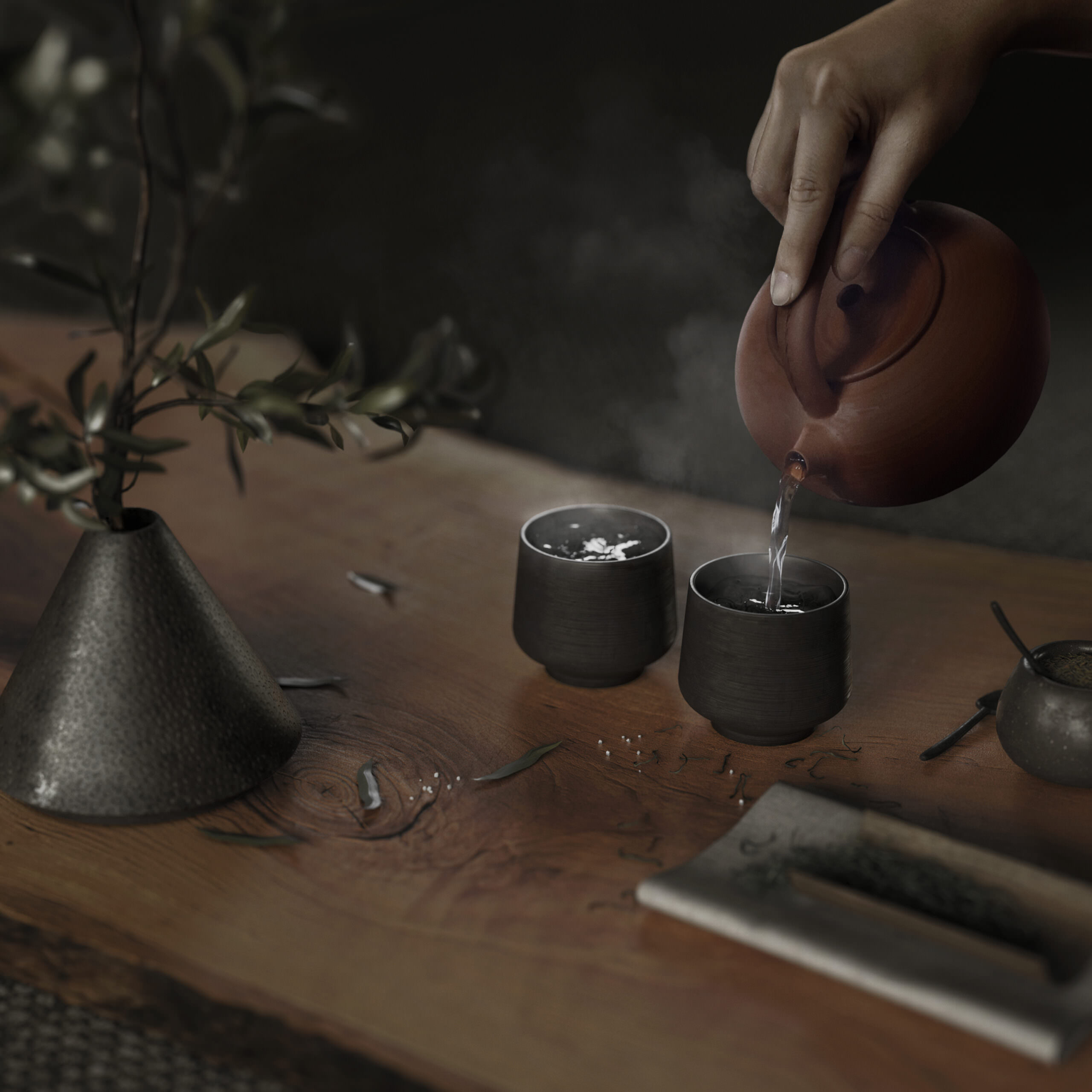 Photo-realistic close-up 3D image of enchanting Chinese tea ceremony with traditional setting and chabana, hand pouring hot water in a tea cup