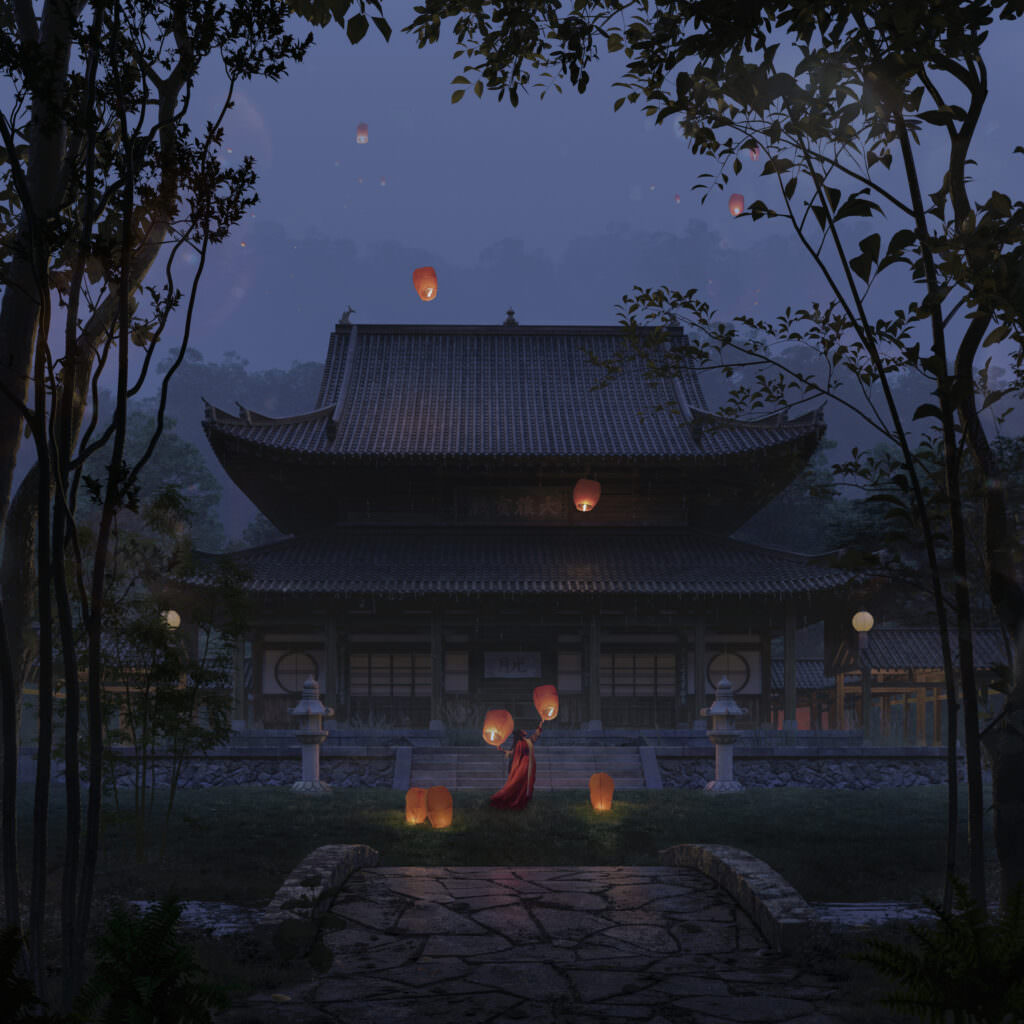 Dusk 3D scene showing ancient Oriental architecture temple, geisha with soaring red sky lanterns in the courtyard of the imperial tea house of medieval China