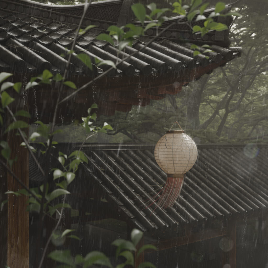Rain water streaming down the ancient temple roof and a paper lantern swinging in the wind