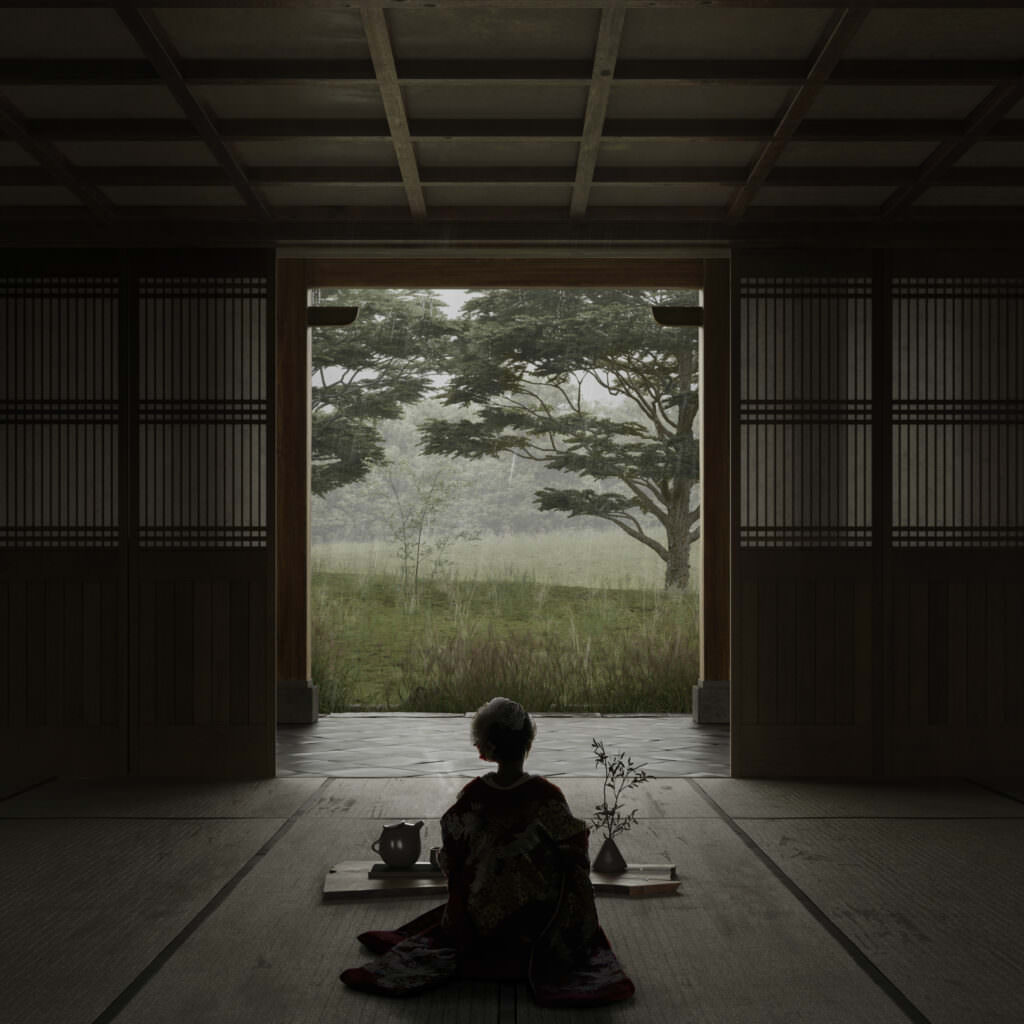 Interior rendering of an ancient Chinese wooden tea house with traditionally-dressed geisha preparing for the tea ceremony
