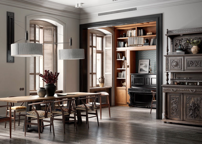 Interior 3D animation of custom-designed apartment with antique furniture in Moscow, Russia