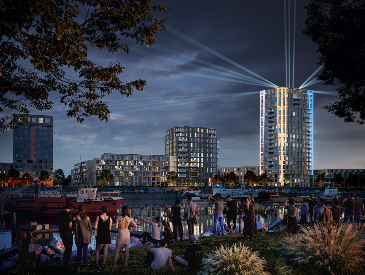 Architectural visualization of an urban complex with spectators enjoying the light show on the facade of the highest tower from a river bank