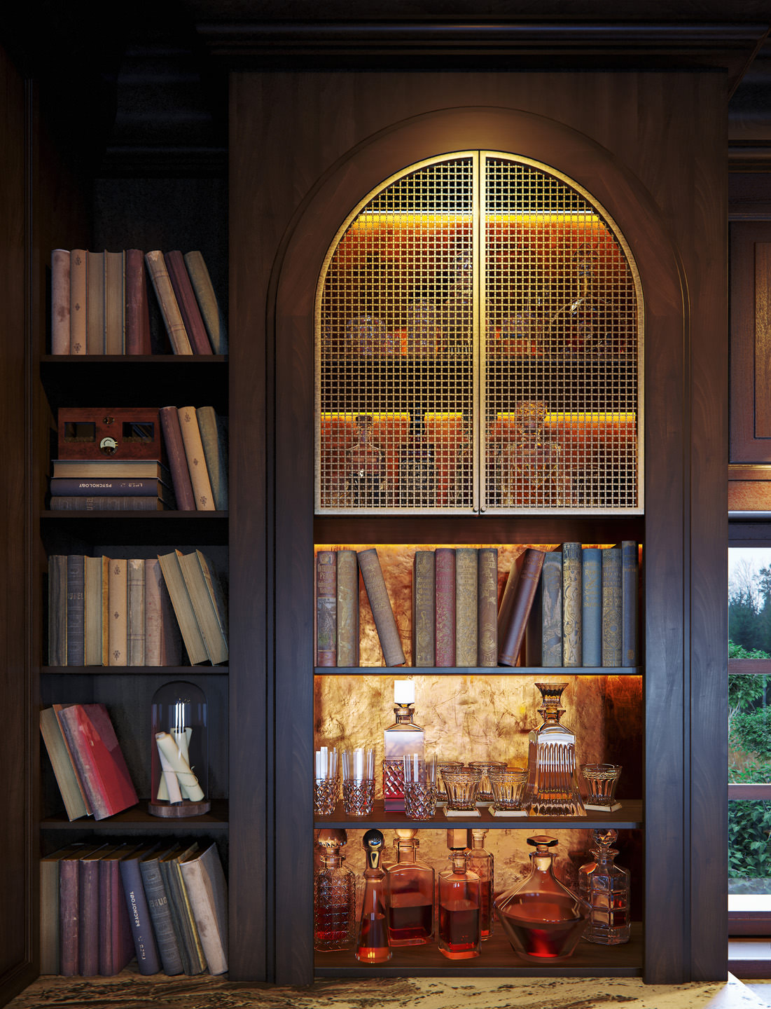 3D vignette of a library with wooden shelves and an arched opening with accent lights pointed at whiskey bottles inside